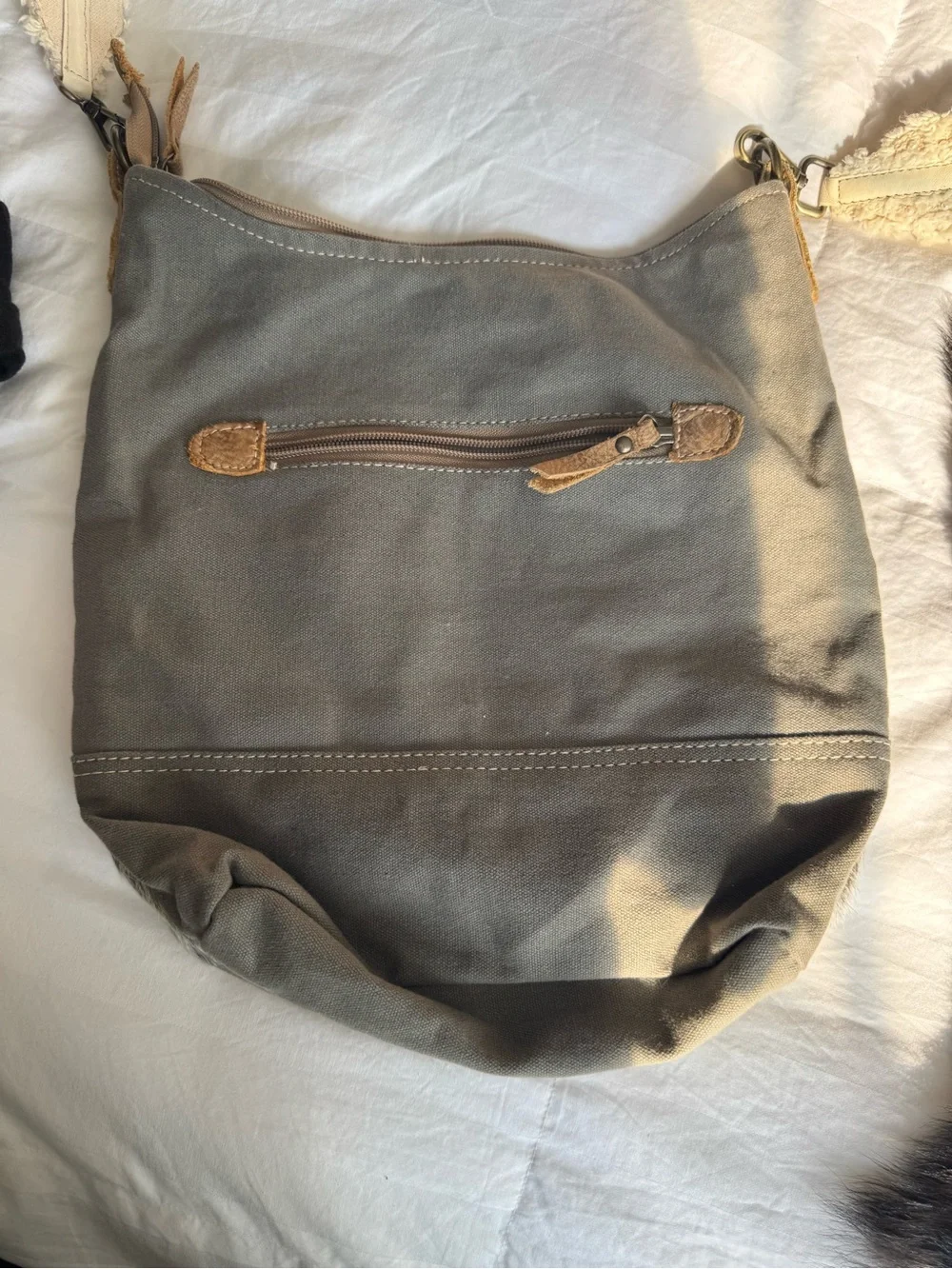 Myra Bag Gray Pattern Canvas Hobo with Tan Leather Trim and Dark Fur Base